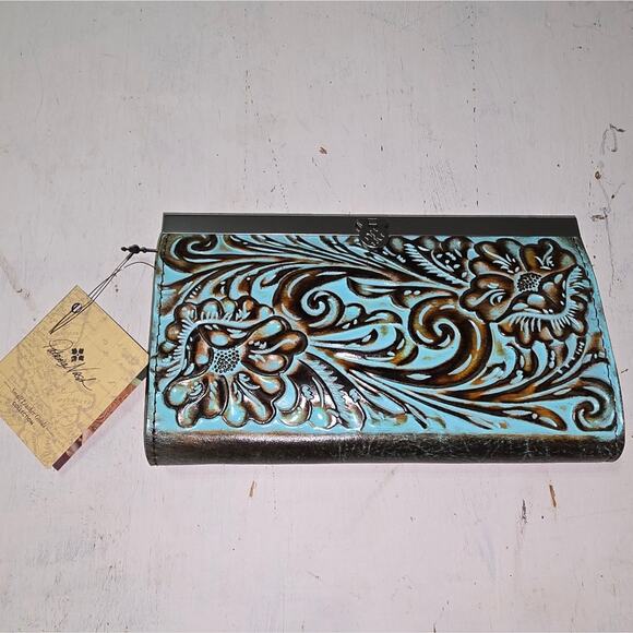 Patricia Nash NWT CAUCHY Wallet Italian Leather Tooled Turquoise Brown NEW - Picture 4 of 12